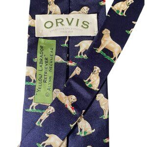 VTG Orvis Yellow Labrador Retriever Tie Silk Navy Alynn USA Novelty Dog Print